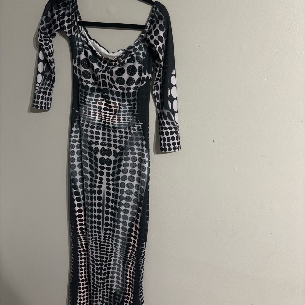 Black and White Bodycon Dress with Cowl Neck and 3/4 Sleeves